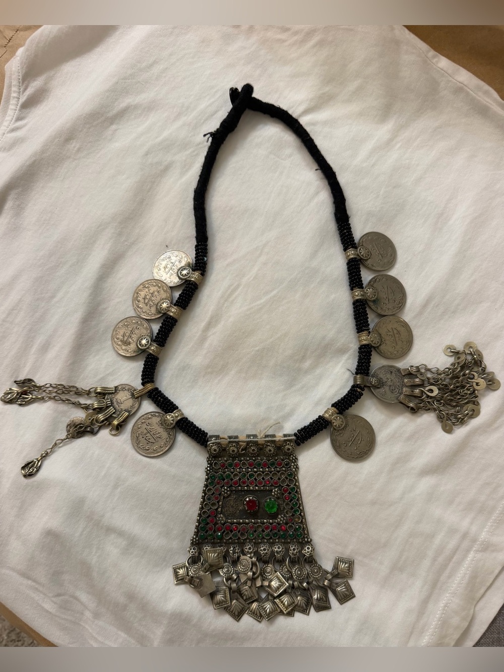 Vintage bohemian Silver-Tone Coin Necklace with Red & Green Accents